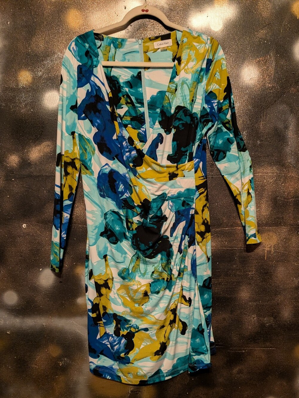 Calvin Klein Multicolor Teal, Blue & Yellow Abstract Wrap Dress